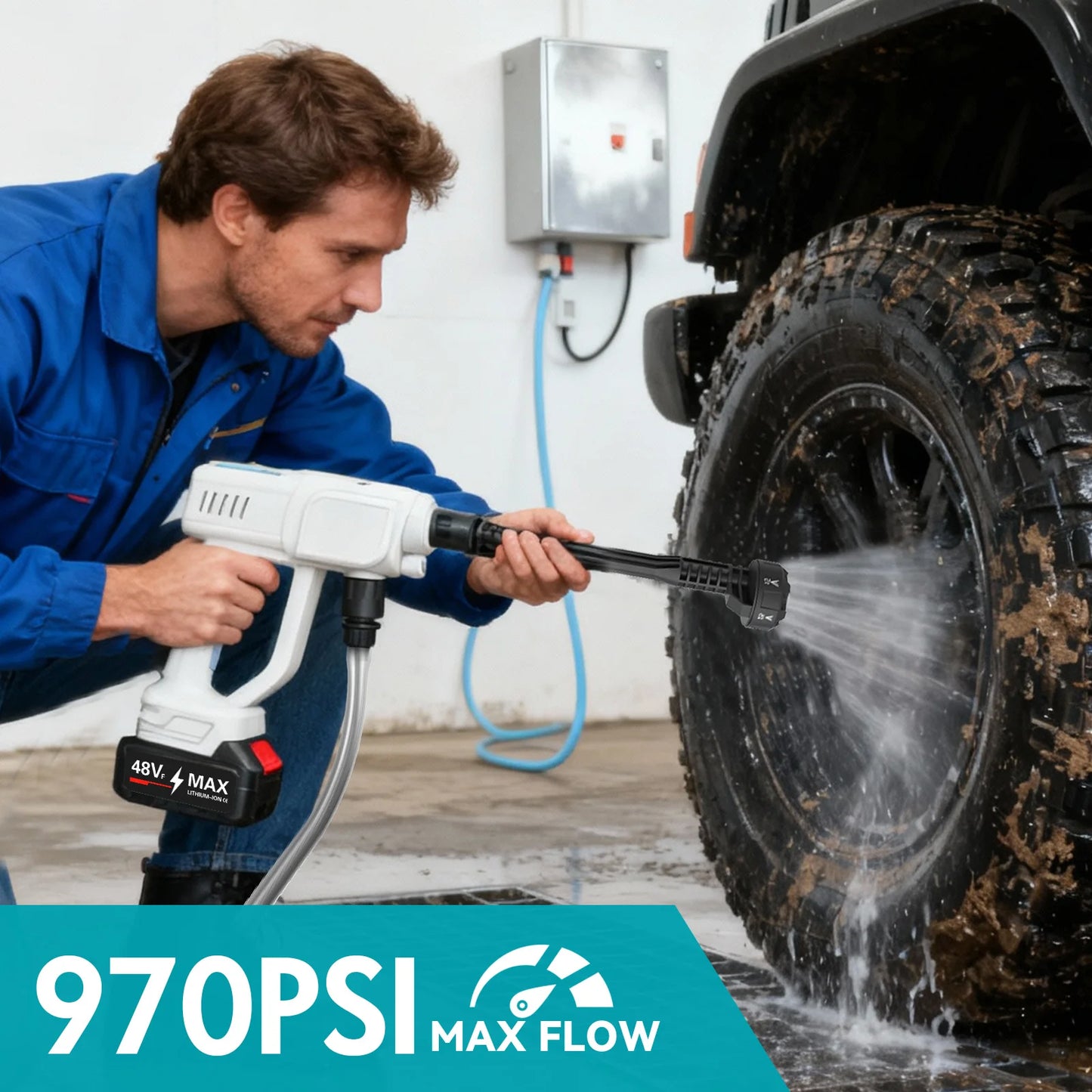 Portable Cordless Pressure Washer 21V 970PSI High-Pressure Handheld Car Wash Water Gun 6-In-1 Nozzle 4.0Ah Battery for Car Patio