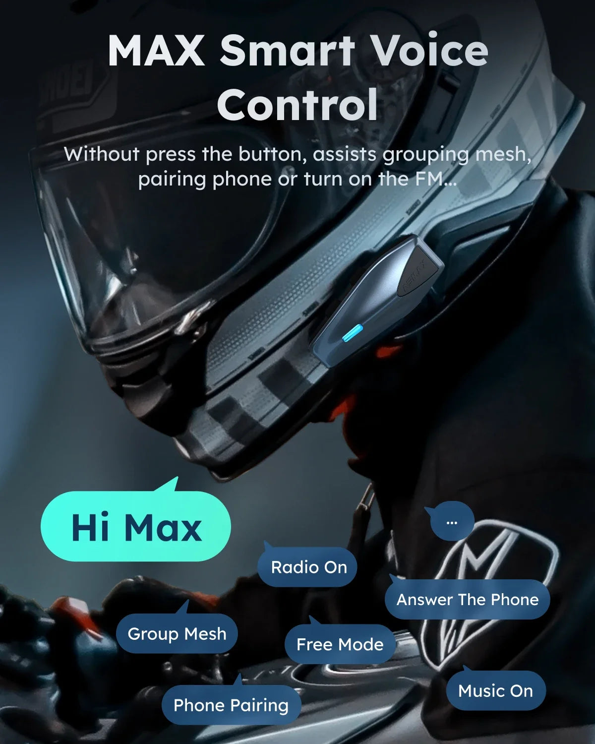 Blue S1 Motorcycle Intercom Helmet Mesh Group Communication, Voice Control Bluetooth Headset for Snowmobile, Ski & ATV