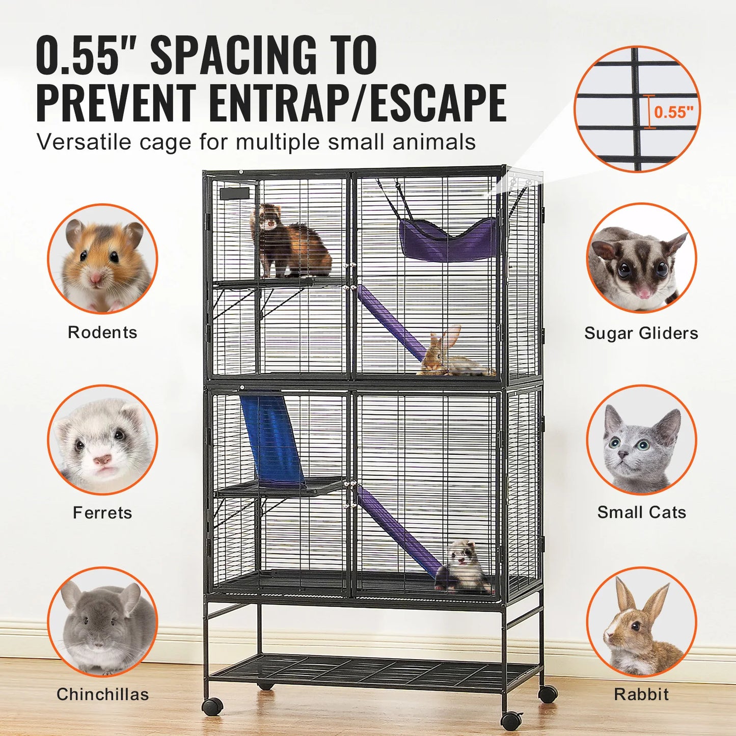 64.6" Rolling Metal Ferret Cage Large 4-Tier Critter Nation Cage Small Animal Cage for Pet Rats Hamster Guinea
