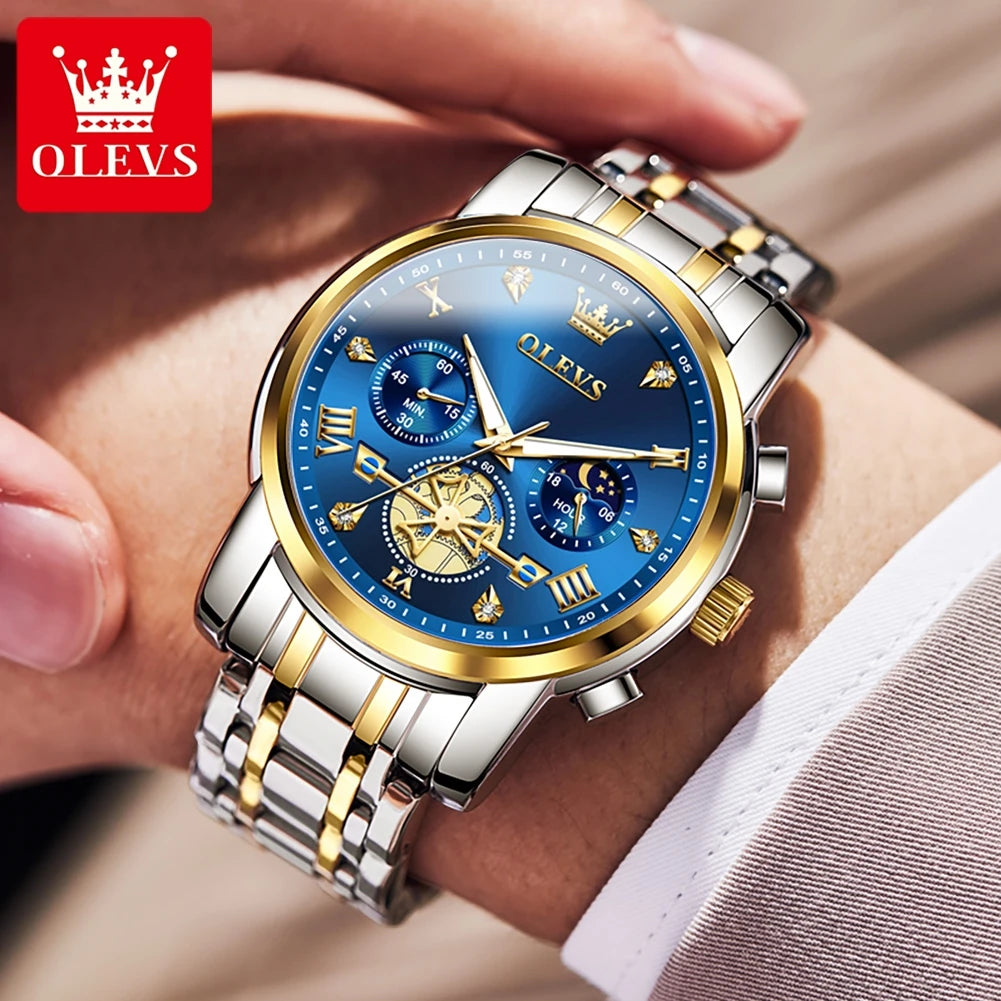 2856 Quartz Watch for Men Flywheel Skeleton Chronograph Moon Phase Multifunctional Stainless steel Men's Wristwatches