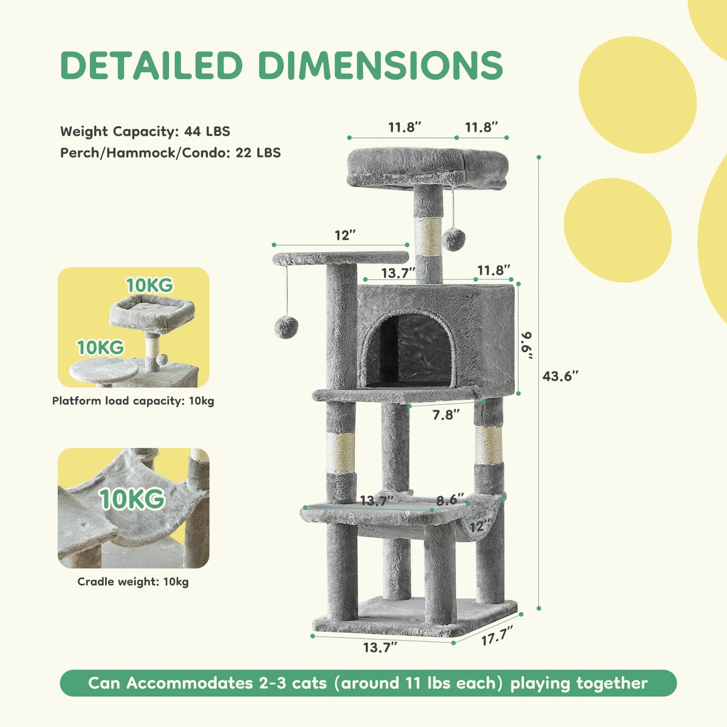 44In Cat Tree Tall Multi-Cat Climbing Tower for Pet Furniture Natural Sisal Scratching Posts Stable Pet House for Indoor Cat