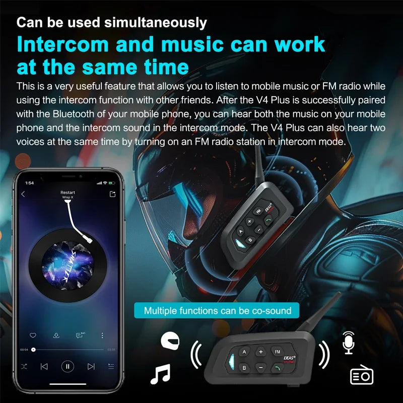EJEAS Type-C V4 Plus Motorcycle Helmet Interphone Bluetooth 5.1 4-Way 1200M Intercom Headset FM Radio IP65 Waterproof