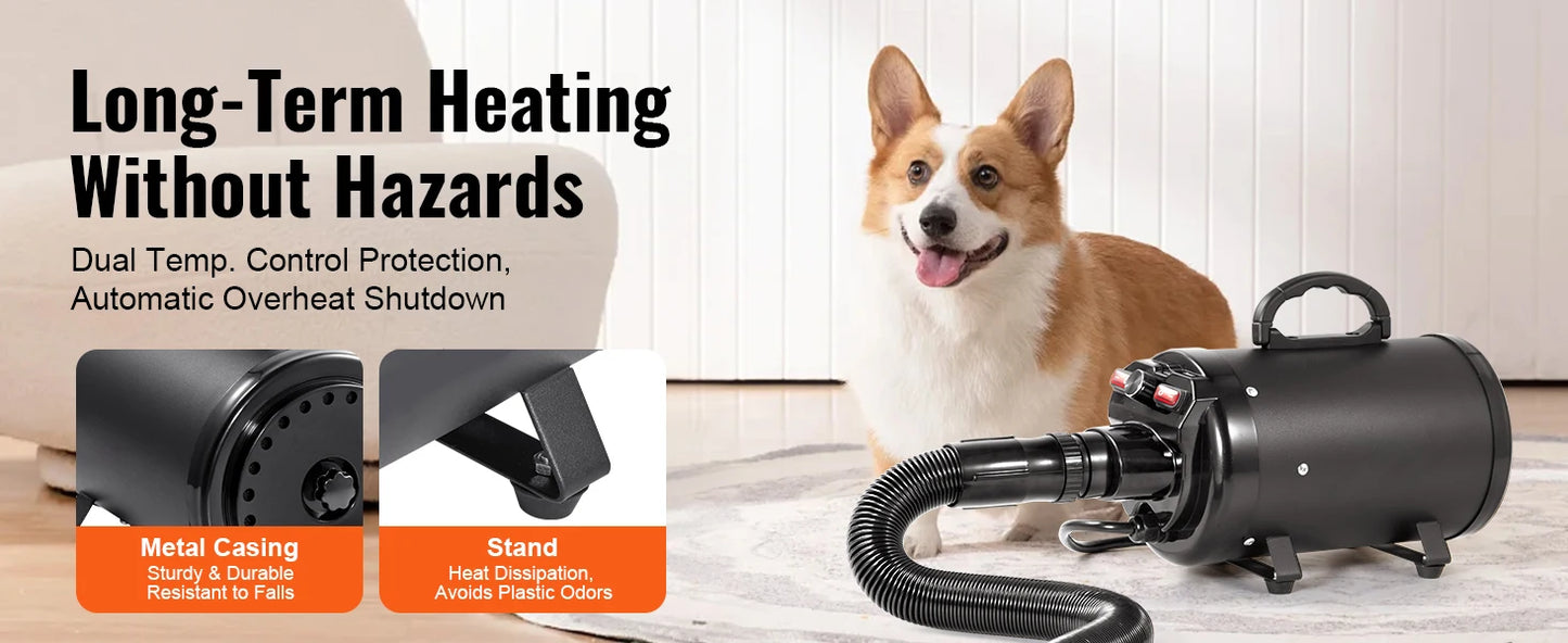 2000W/2.7HP Dog Blow Dryer Adjustable Speed Temperature Control with 4 Nozzle and Extendable Hose for Pet Hair Grooming