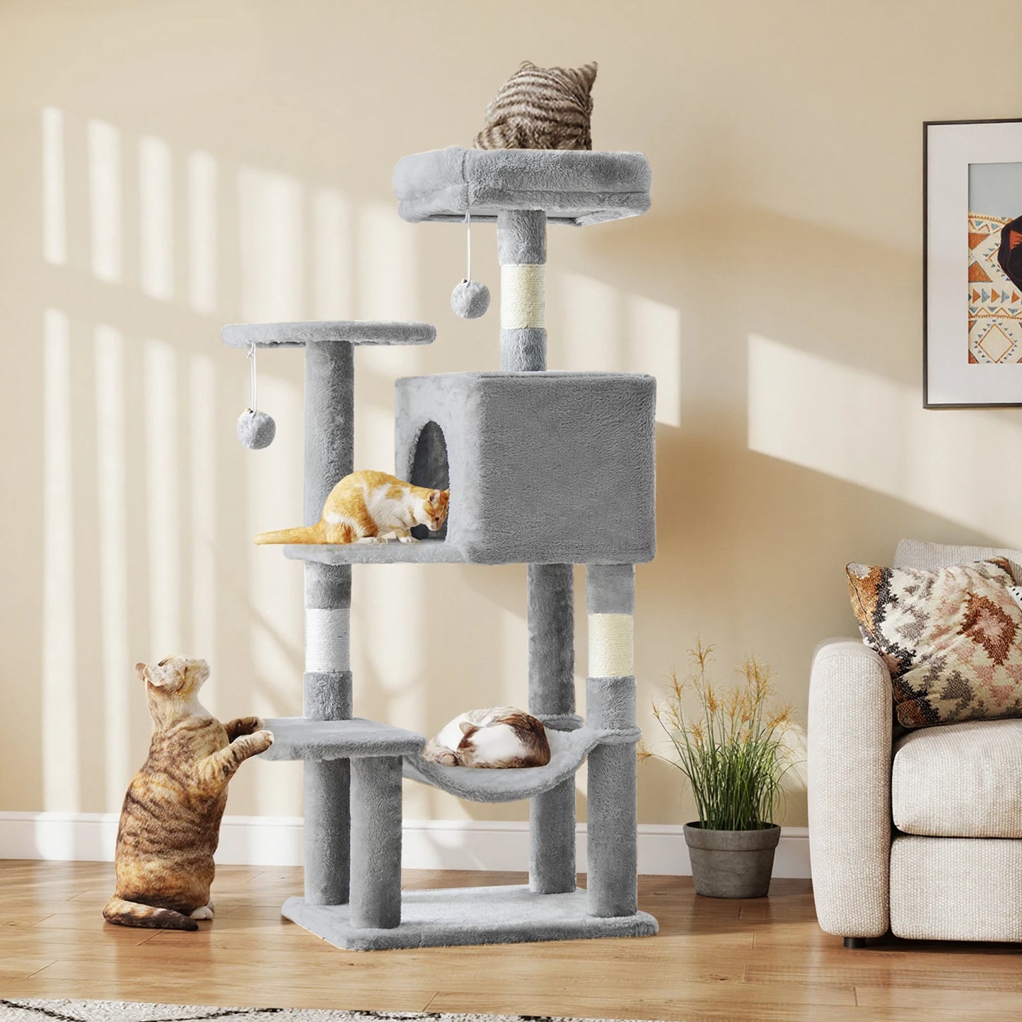 44In Cat Tree Tall Multi-Cat Climbing Tower for Pet Furniture Natural Sisal Scratching Posts Stable Pet House for Indoor Cat