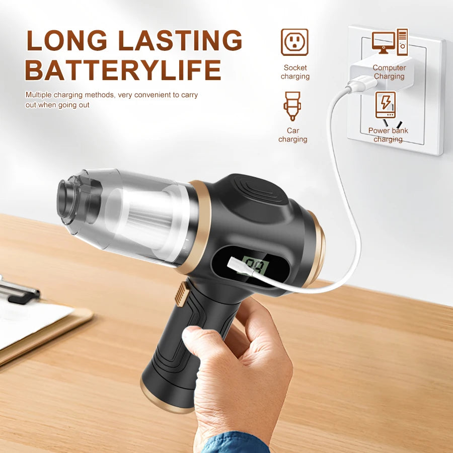 2-in-1 car vacuum cleaner and blower, high-powered suction for cleaning car seats/mats/trunk dust, portable
